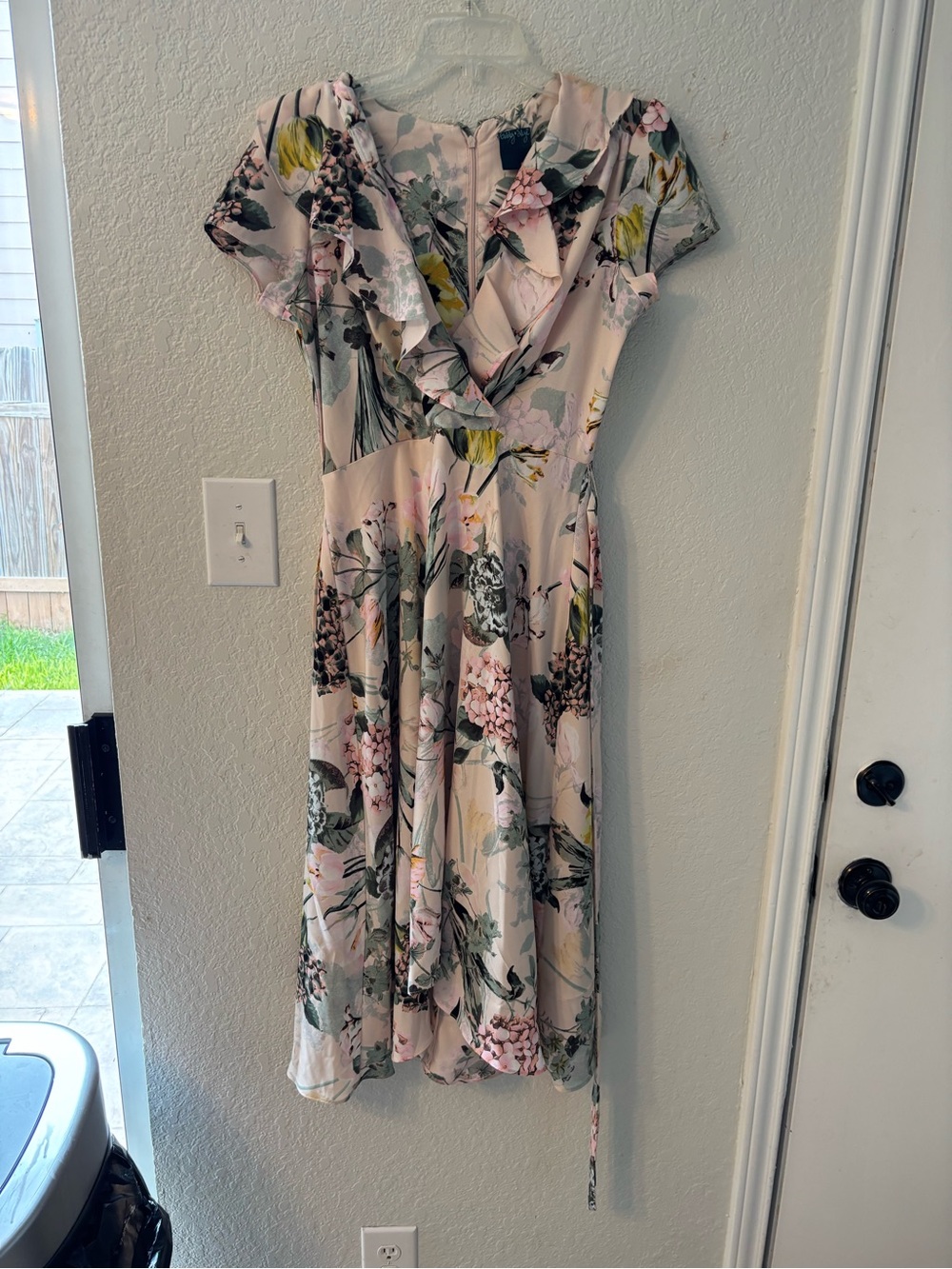 Floral Ruffle V-Neck Midi Dress in Blush pink Gabby Skye